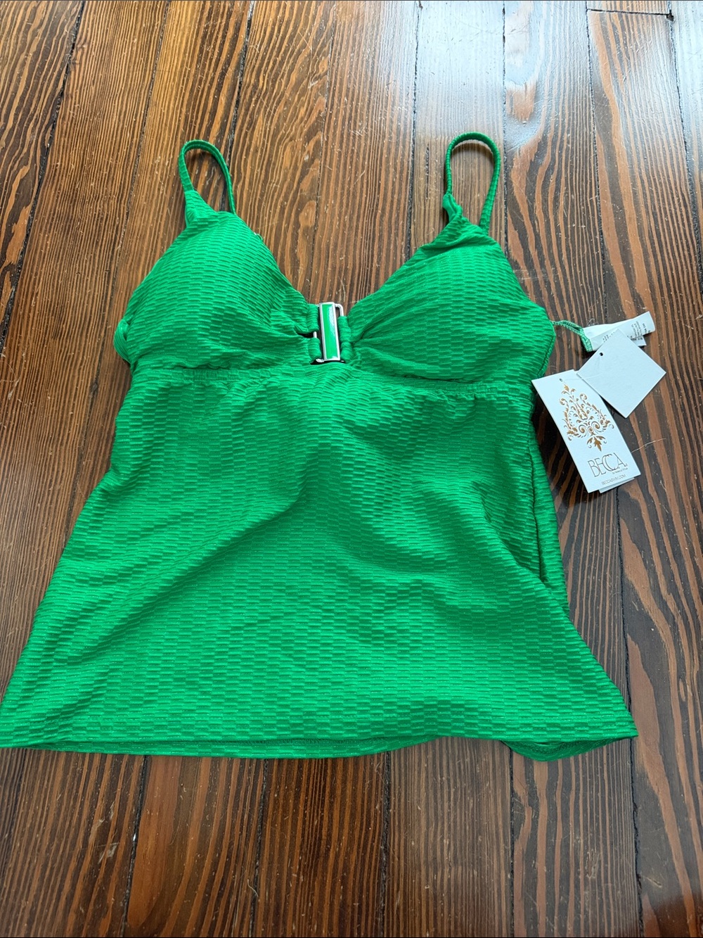 BECCA Emerald Green Textured Bandeau Tankini Top with Front Hardware